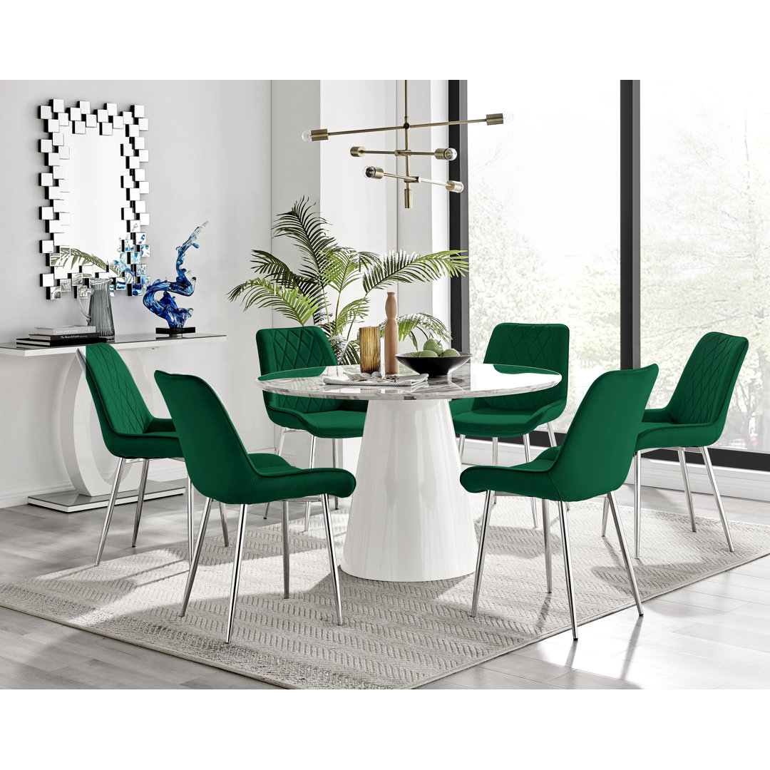 Edward Statement Marble Effect Pedestal Dining Table Set with 6 Velvet Upholstered Dining Chairs East Urban Home Chair 