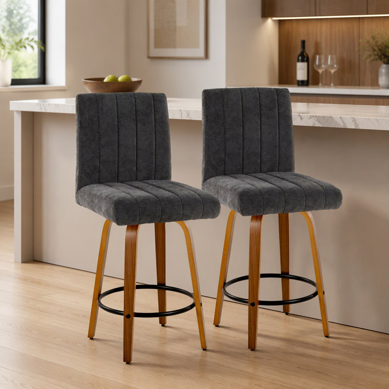 Ensemble de tabourets de bar pivotants à hauteur fixe de style contemporain avec pieds en bois de noyer, Noyer / noir