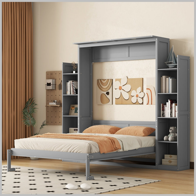 Lit escamotable moderne avec tablettes et lumières DEL Modern, Grand, Gris