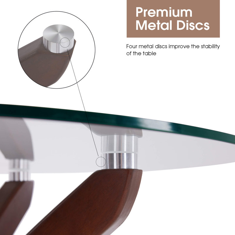 Round Dining Table with Tempered Glass Top and Solid Wood Legs, Brown