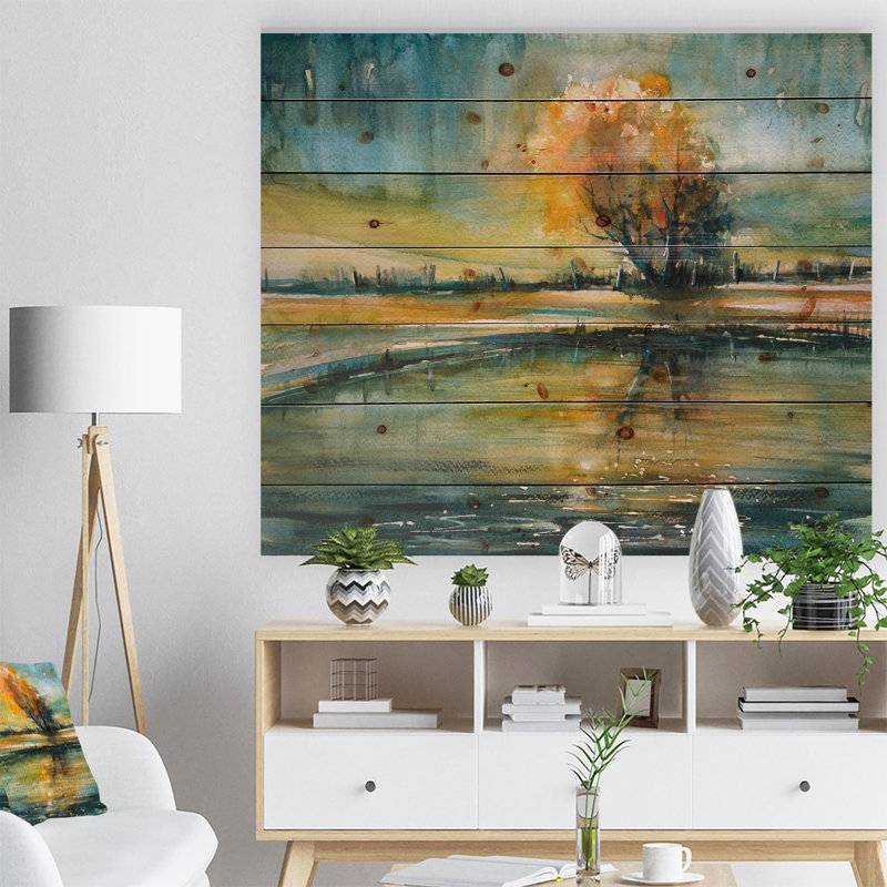 Autumn Lake - Peinture sur bois sans cadre, H 24 po x l 36 po x P 1 po