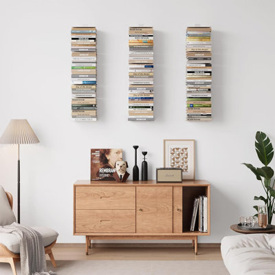 4-Pack White 8-Tier Invisible Floating Wall Bookshelves, Heavy-Duty Metal Vertical Book Tower 120 LBS Max Load for Room Storage