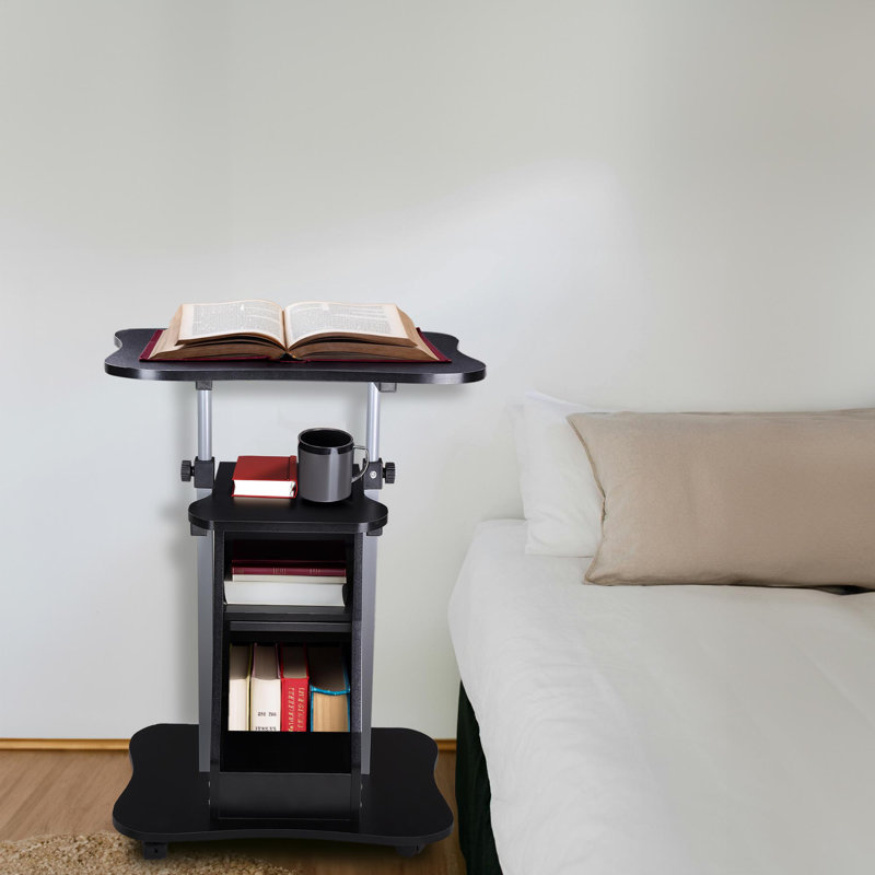 Black Adjustable Height Mobile Laptop Cart with Drawer