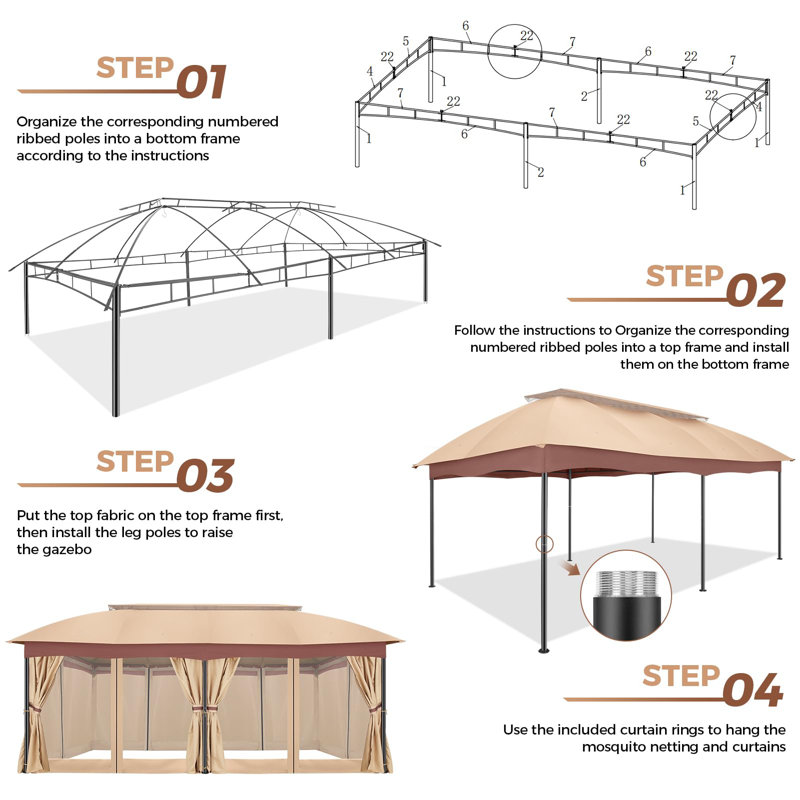 Pavillon de jardin 12 x 20 avec rideaux améliorés, Kaki
