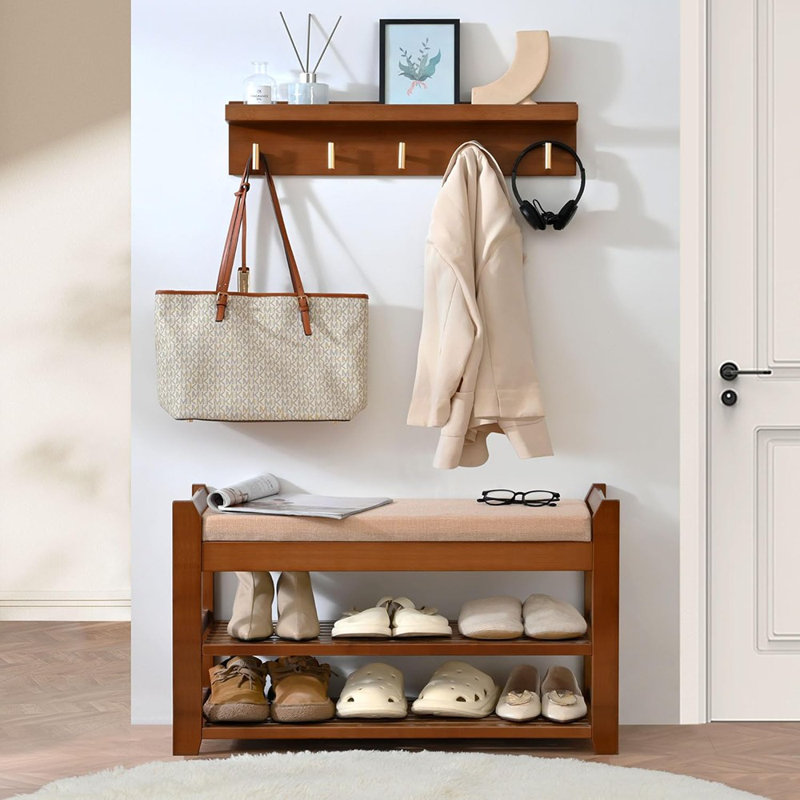 Banc d'entrée pour chaussures avec portemanteau - neutre - largeur 28 po, banc de rangement, style arbre d'entrée