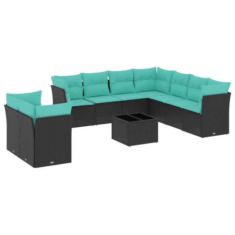Ensemble de canapé de patio 10 pièces avec coussins en rotin de polyester, Bleu clair, Noir