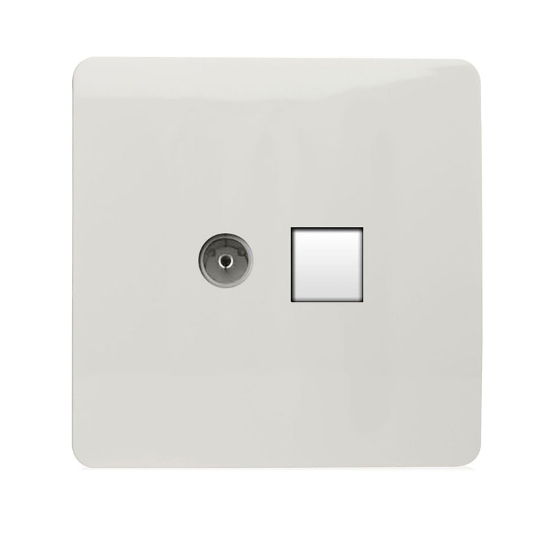 Trendi Switch 2 Gang TV Co-Axial & RJ45 Cat 6 Modern Designer PC Ethernet Sockets, Ice White