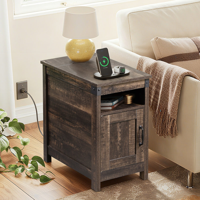Carbin 24" Tall Farmhouse End Table with Charge Station and Storage, Side Table with Power Outlets & USB for Small Spaces, Rustic Nightstand Accent Table