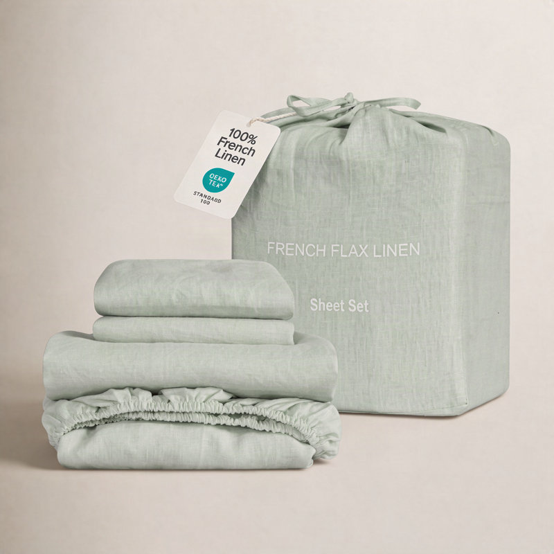 100% Flax Linen Solid Breathable Sheet Set with Pillowcases, King, Desert Sage
