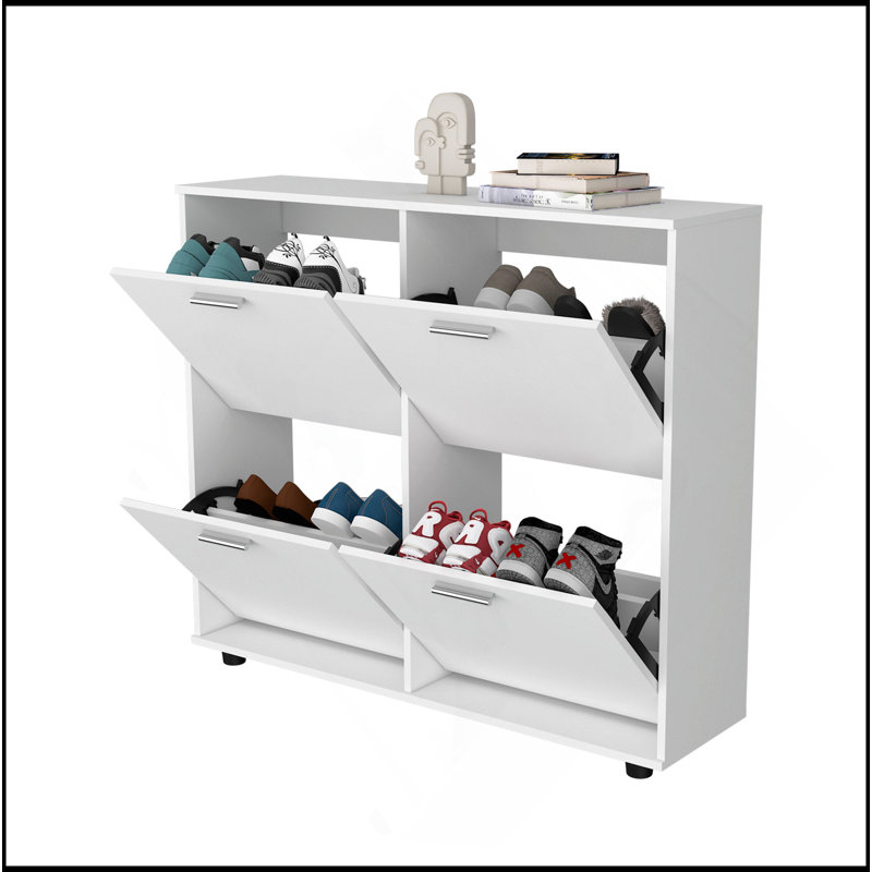 Armoire de rangement blanche à chaussures inclinable avec plusieurs compartiments et design moderne
