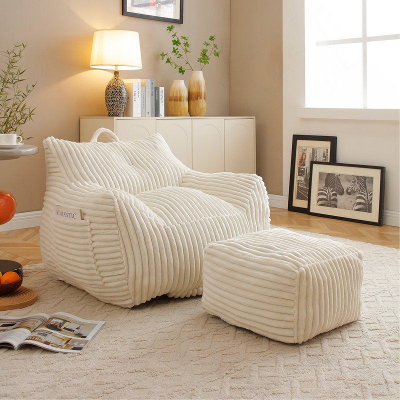 Fauteuil à billes en peluche géant pour adultes avec accoudoirs et repose-pieds, Velours côtelé beige