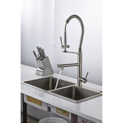 Robinet de cuisine chaud / froid avec surface escamotable, surface en nickel brossé, poignée simple en laiton nickelé, évier fonctionnel