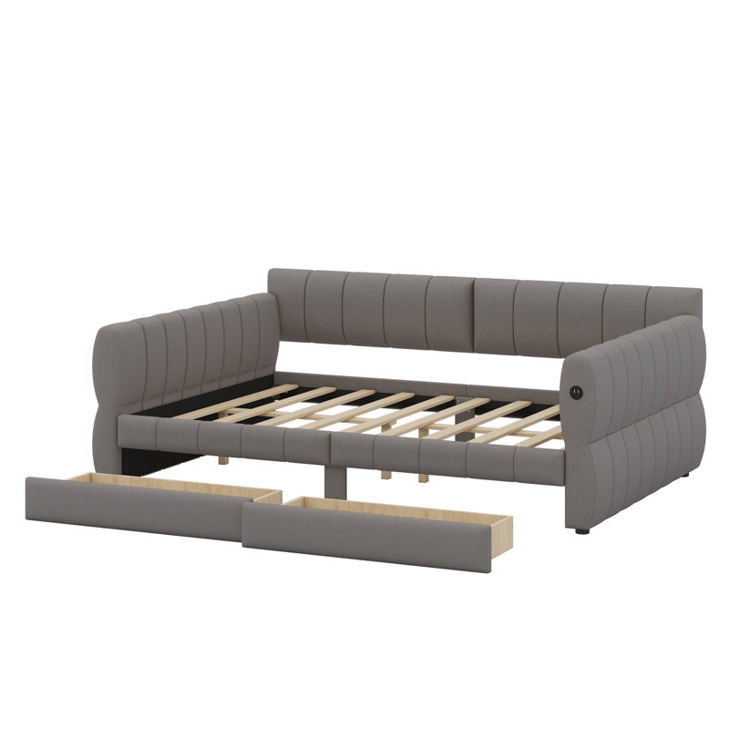 Upholstered Platform Bed With USB And 2 Drawers