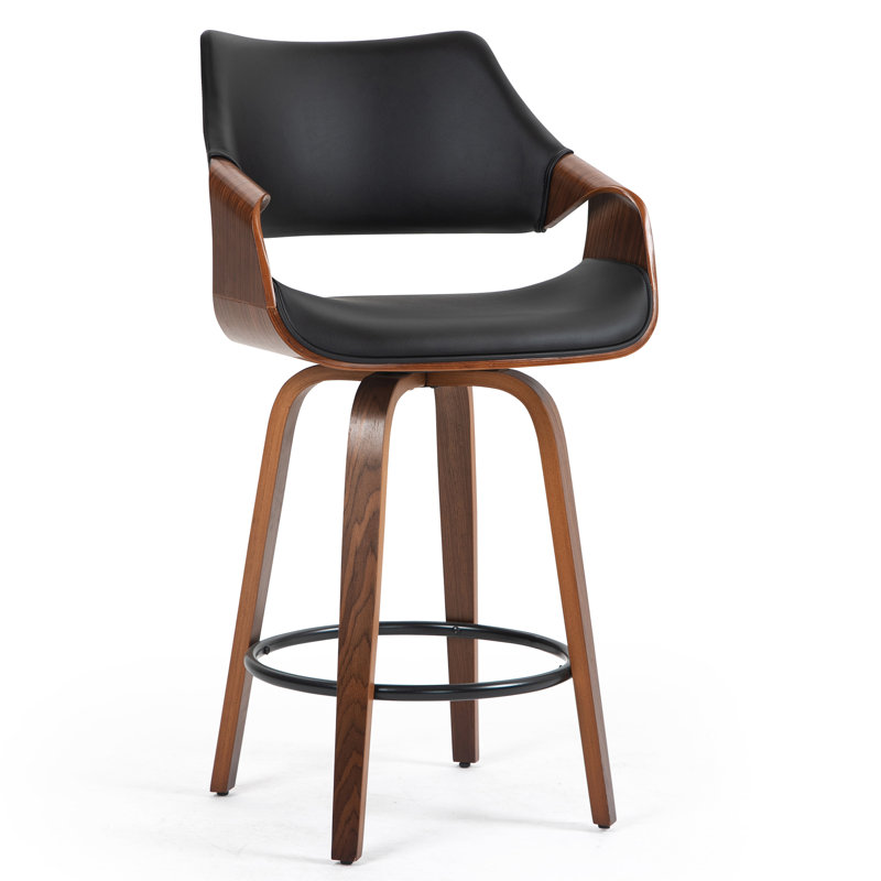 Lyllian Swivel Upholstered Counter Stool, Counter Stool (25” Seat Height), Black/Brown Wood