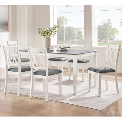 Modern 7-Piece Solid Wood Dining Set with 6 Upholstered Chairs and Two-Tone Rectangular Table, Space-Saving and Easy Assembly for Kitchen and Dining R