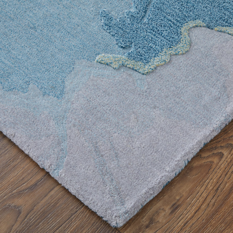 Kawai Hand Knotted Wool Abstract Area Rug in Teal, Rectangle 5' x 8'