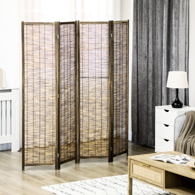 Écrans d'intimité portables 5,5 pi, paravent 4 panneaux. Tissé à la main, bois, pour diviseur de coin de bureau, intimité. Tissé à la main et maison