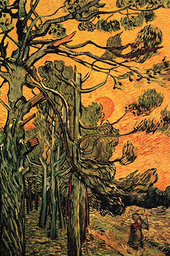 Pins sur un ciel rouge avec soleil couchant par Vincent Van Gogh - reproduction, H 66 po x l 44 po x P 1,5 po