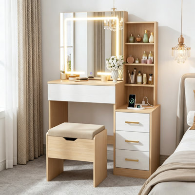 Meuble-lavabo moderne avec miroir coulissant avec lumières DEL réglables, 4 tiroirs, 7 tablettes de rangement, prise de courant, tabouret, 3 modes d'éclairage