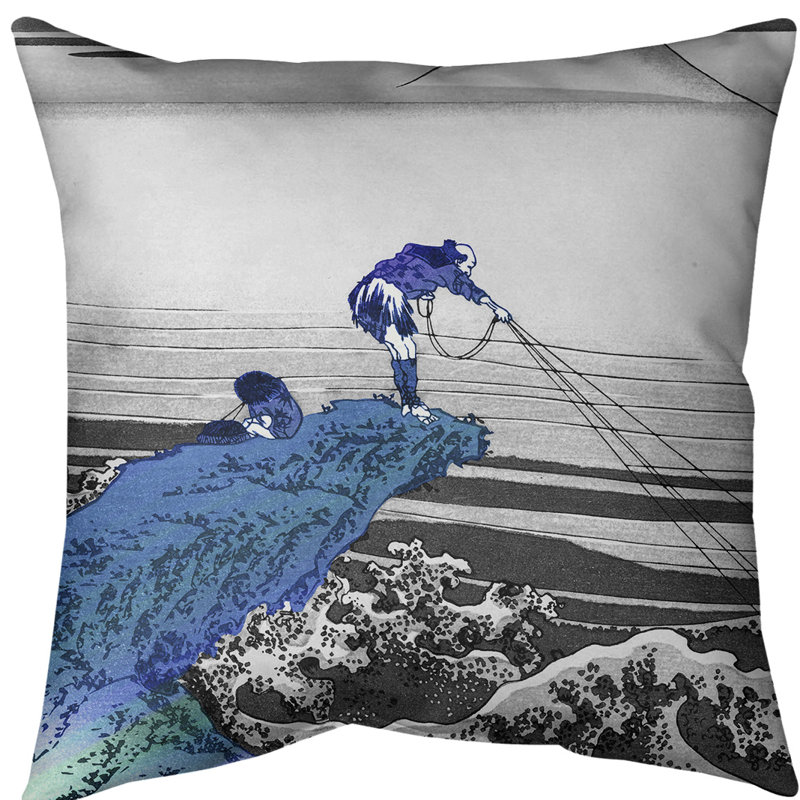 Coussin décoratif Katsushika Hokusai Kajikazawa dans la province de Kai, 14 po x 14 po, Bleu / falaise mauve, Faux lin