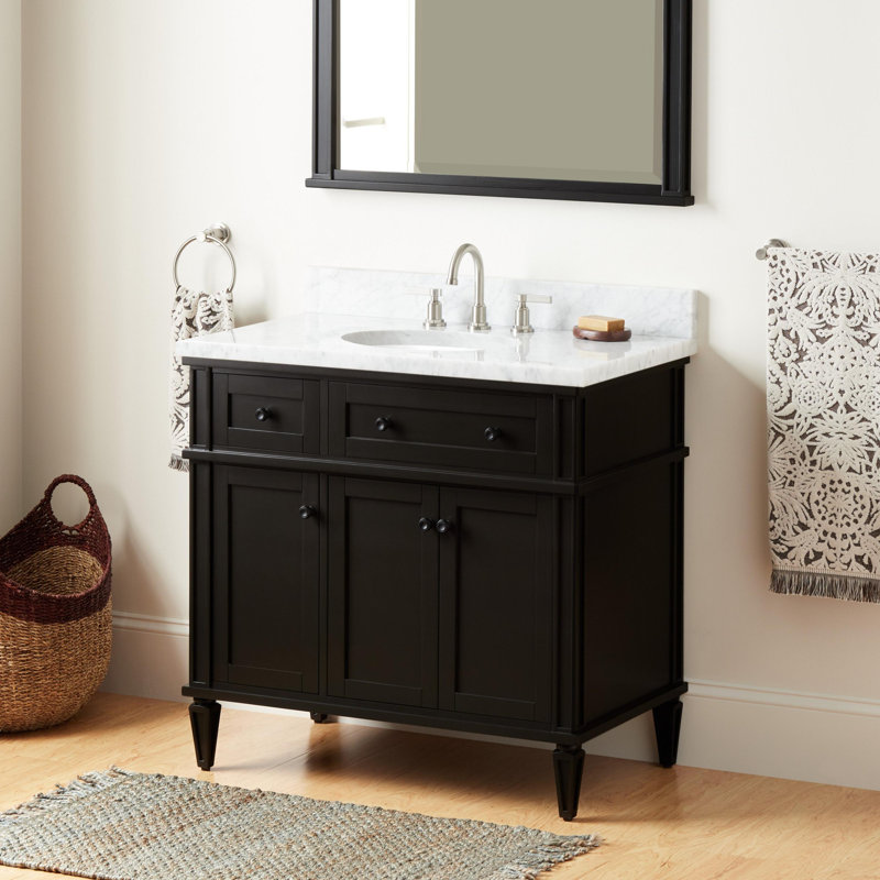 Elmdale 36" Freestanding Mahogany Single Basin Vanity  Oval Undermount Sink - 8" Faucet Holes, Carrara Marble, Charcoal Black