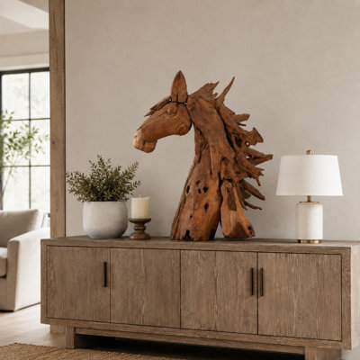 Pewamo Sculpture Wood Horse Head Design 39 Inch Brown Finish for Home Office Bedroom Living Room Casual Decor