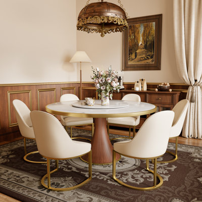 4-8 Seats Mid-Century Luxury Dining Table Sets  With Rotating Lazy Susan With Leather Upholstered Gold Stainless Steel Base Dining Chairs