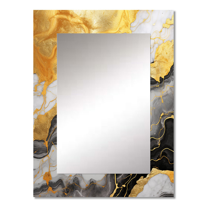 Gold And Grey Abstract Marble Mirage II - Marble Unique Wall Mirror Decor, Modern Large Mirror, Printed Metal Art, 32" x 24"