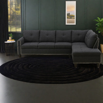 Canapé d'angle moderne 4 places en lin avec porte-gobelets et plateau en bois