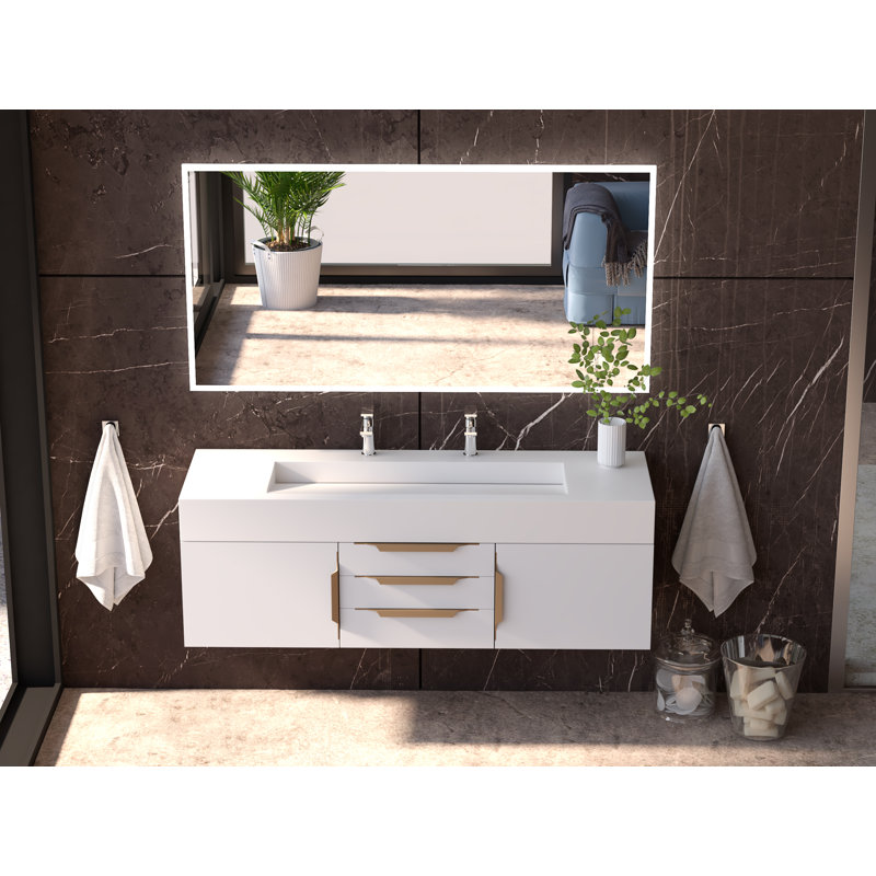 Ensemble de meuble-lavabo simple mural 60 "avec miroir Nile, Blanc, Blanc, Nickel brossé