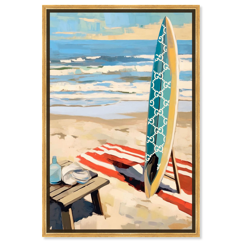 «Surf Mornings Canvas Glam Coastal», art mural par Art Remedy, Cadre doré, H 16 po x l 11 po
