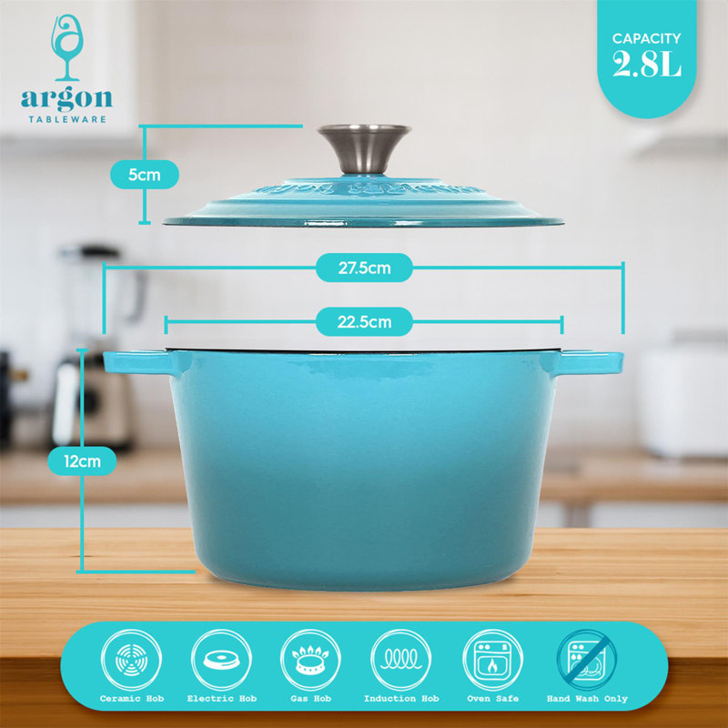 Argon Tableware - Round Cast Iron Casserole Dish - 2.8L, Teal