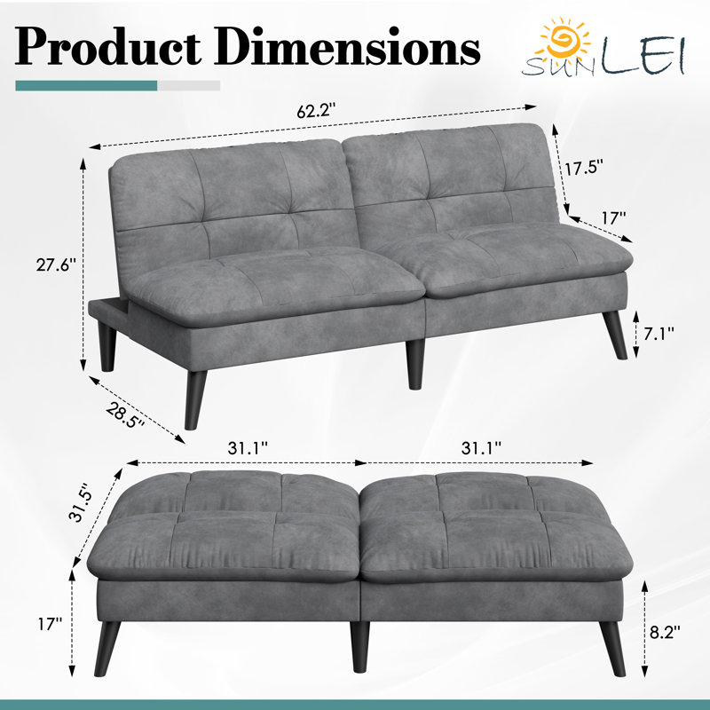 62.2'' Convertible Futon Sofa Bed, Gray