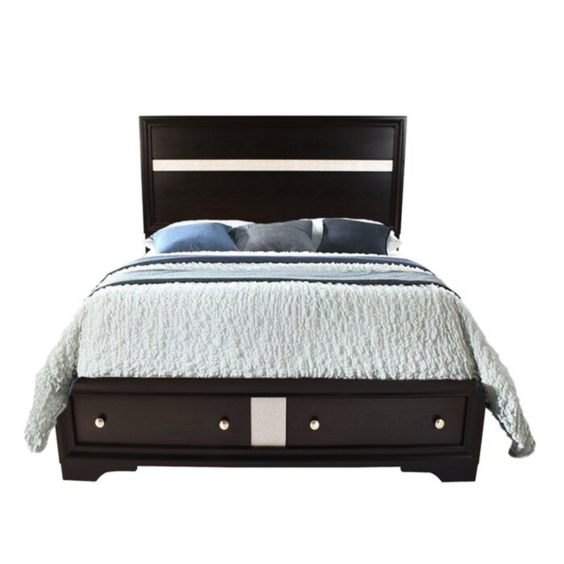Lit plateforme avec rangement en bois massif Ashlock, Lit double, Noir