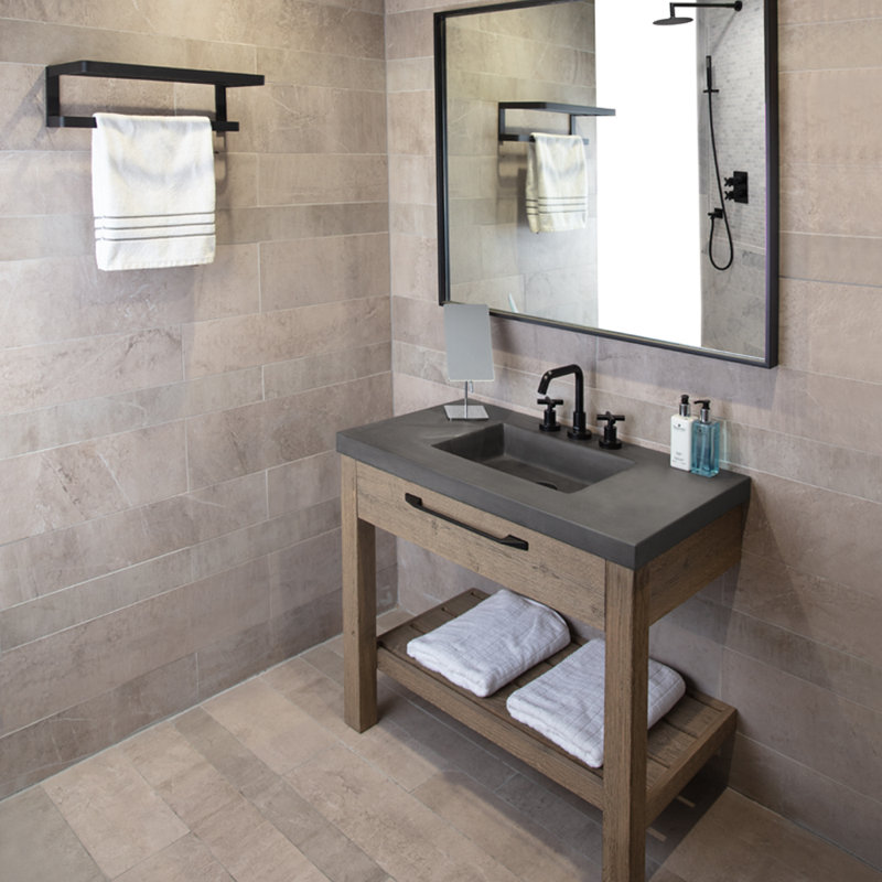 Newterra Concrete Handmade Rectangular Console Bathroom Sink, Charcoal, Single Hole