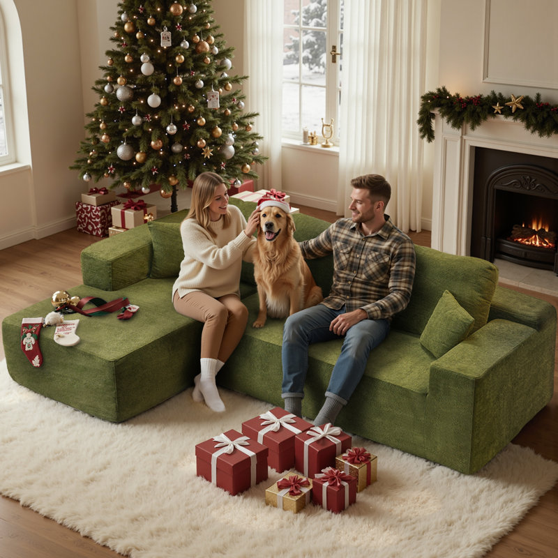 Cloudelle No Assembly Required Compression Packed 2 - Piece Boneless Corduroy Sectional, Left Hand Facing, Green Teddy