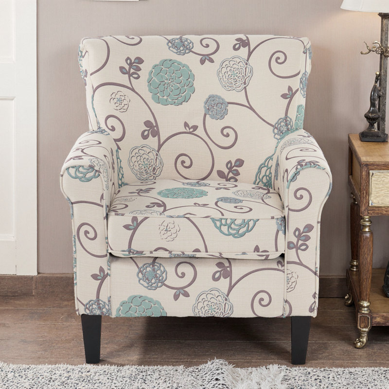 Fauteuil d'appoint décoratif, accoudoirs roulés classiques, tissu floral blanc et bleu