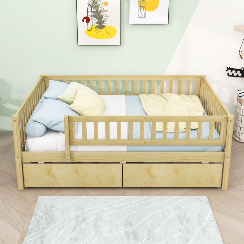 Wood Daybed with Two Drawers and Slats, Natural, Full
