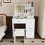 Bureau de coiffeuse avec miroir et éclairage tricolore Fashion, rangement ouvert, 5 tiroirs, support pour sèche-cheveux, prise de courant et tabouret, blanc