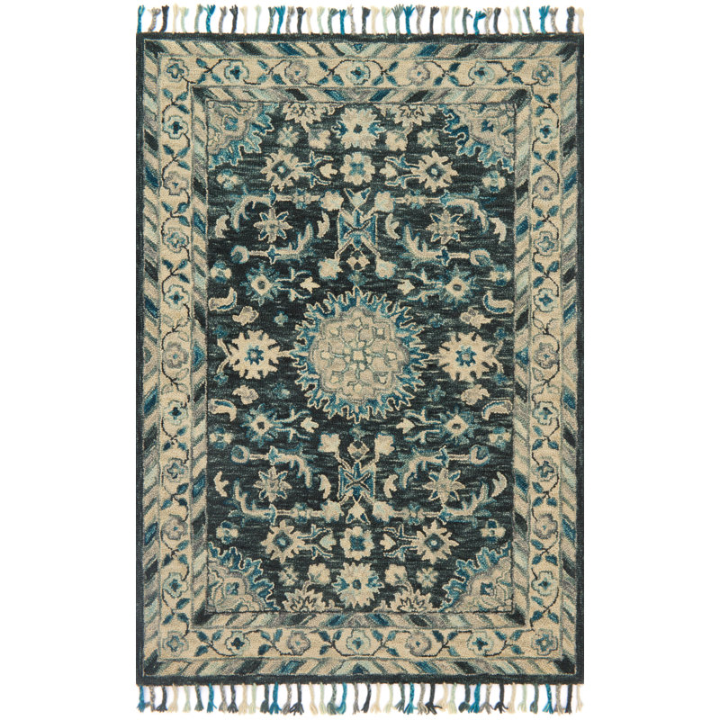Tapis bleu sarcelle / beige / gris foncé Leyna, Rectangle 7 pi 9 po x 9 pi 9 po