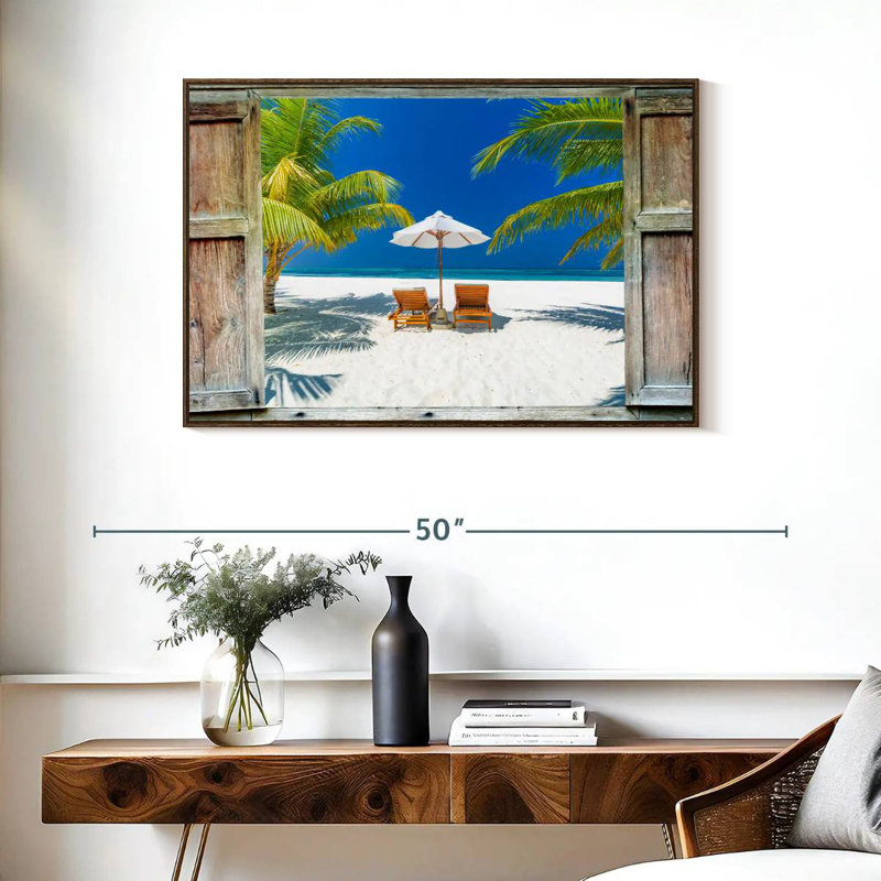 Fenêtre sur la côte des Maldives, 37 po x 25 po, Cadre flottant en noyer