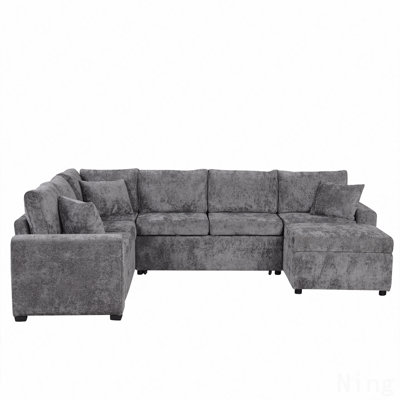 112.2" Sectional Sofa Pull-Out Sofa Bed Sleeper With A Storage Ottoman,Three Pillows And Charging Devices For Living Room, Grey