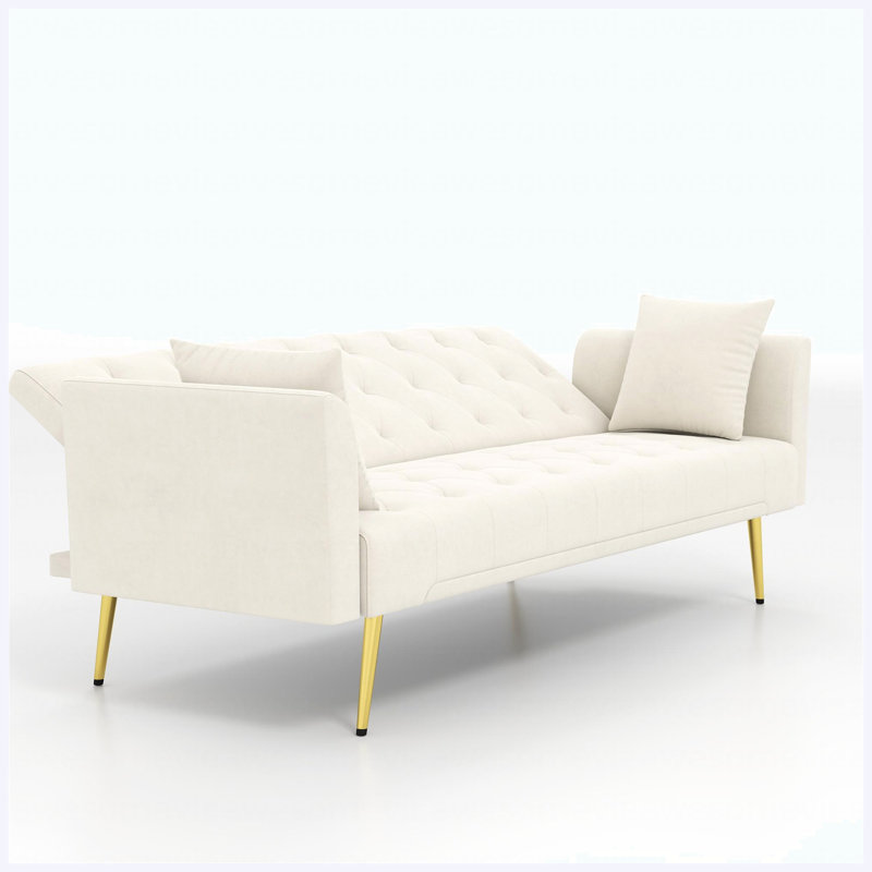 Canapé-lit convertible pliable de 72 pouces de style rétro américain capitonné, revêtu de velours beige, pour les petits salons, les chambres et les bureaux