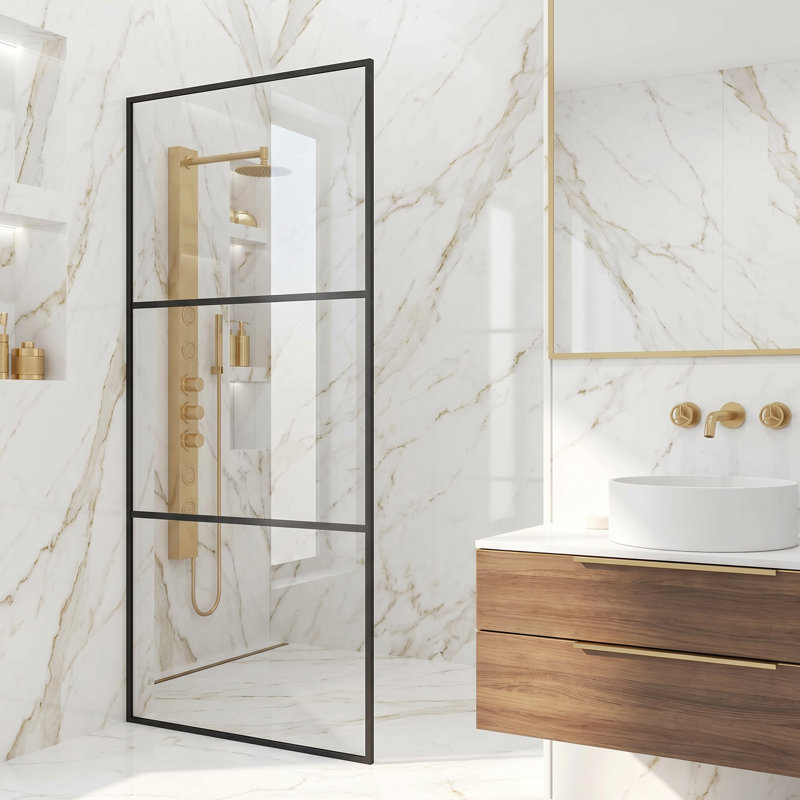 Paroi de douche fixe encadrée divisée l 34 po x H 74 po avec verre rayé 3/8 po, Noir mat transparent