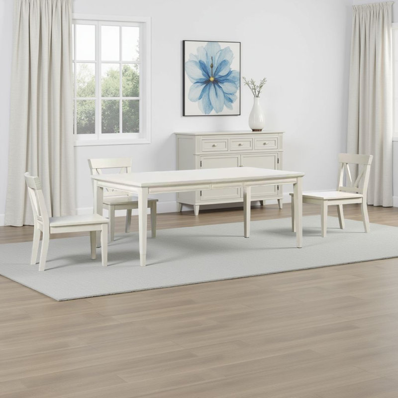 Witzy Dining Table, White Oak Solid Poplar Wood, 72-90 Inch Extendable Rectangular Top, White Oak