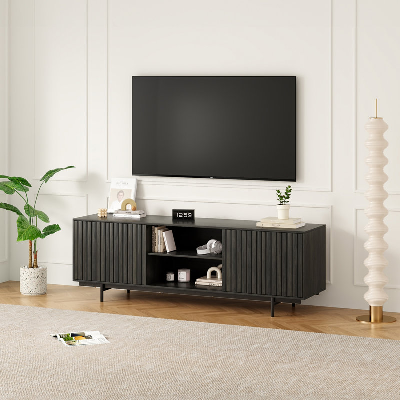 Meuble télé noir Mid-Century, rangement pour téléviseur de 75 po
