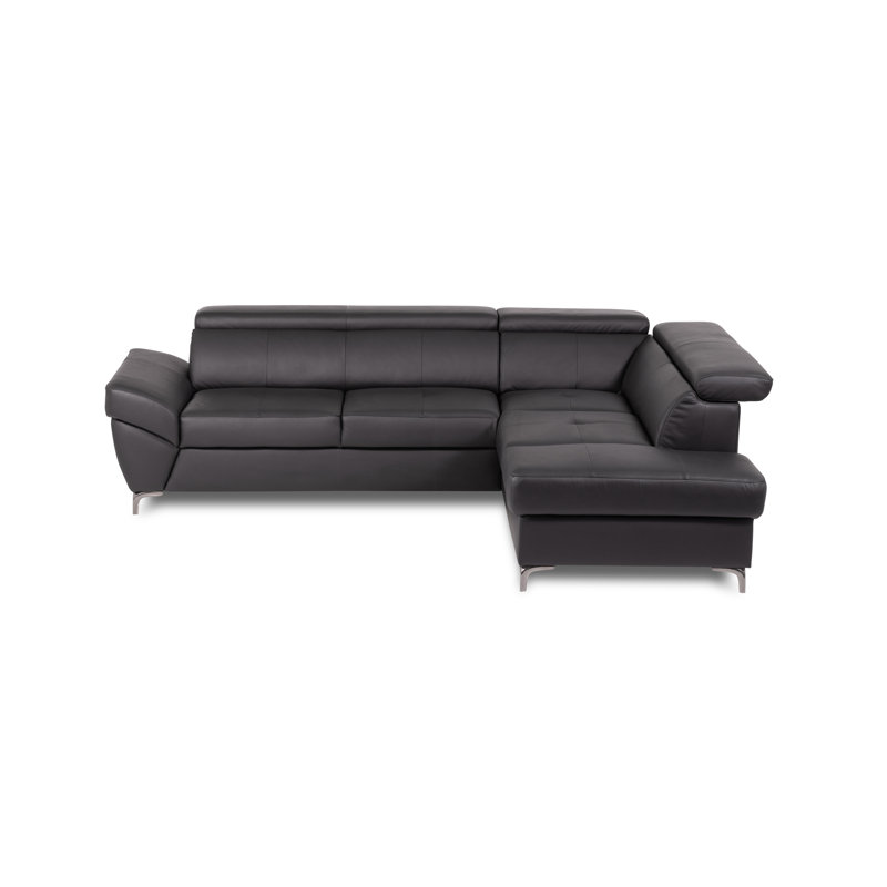 CAPRI Genuine Leather Corner Sofa with Pull-Out Bed and Storage and Adjustable Headrests, Right Hand Facing, Black