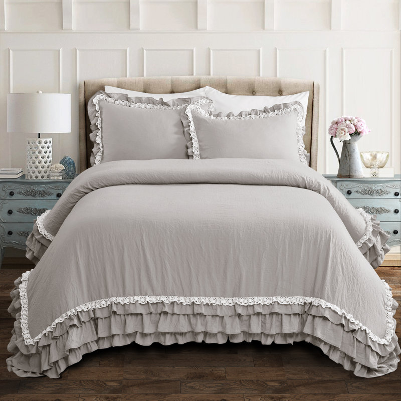 Ella Shabby Elegance Ruffle Lace Microfiber Comforter Set, Light Gray, King Comforter + 2 King Shams