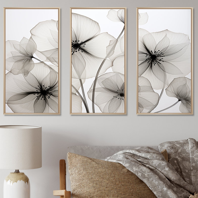 «Black and White Morning Glory Speed» - ensemble d'art mural sur toile Morning Glory, Cadre naturel flottant