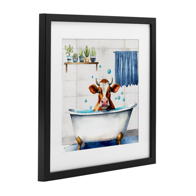 Suds Cow Bathtub Framed Print Under Glass, design by Kim Allen